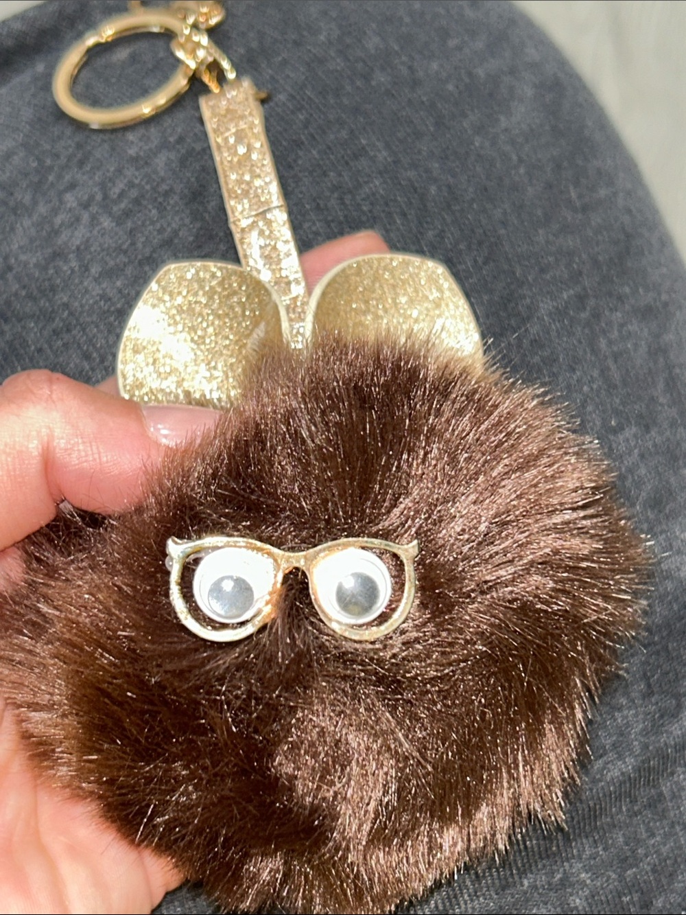 Brown Furby Fur Pom Pom Keychain with Gold Glasses Accent